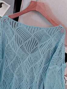 Women's V-Neck Hollow Rhombus Design Loose Knit Cover Up, Airy And Breathable For Beach/Resort Wear, Spring/Summer Vacation White - Light Blue - 查看 4