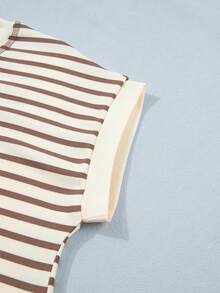 Áo thun thường ngày kẻ sọc cổ Henley, cài cúc, vạt cong - Màu Khaki - Xem 10