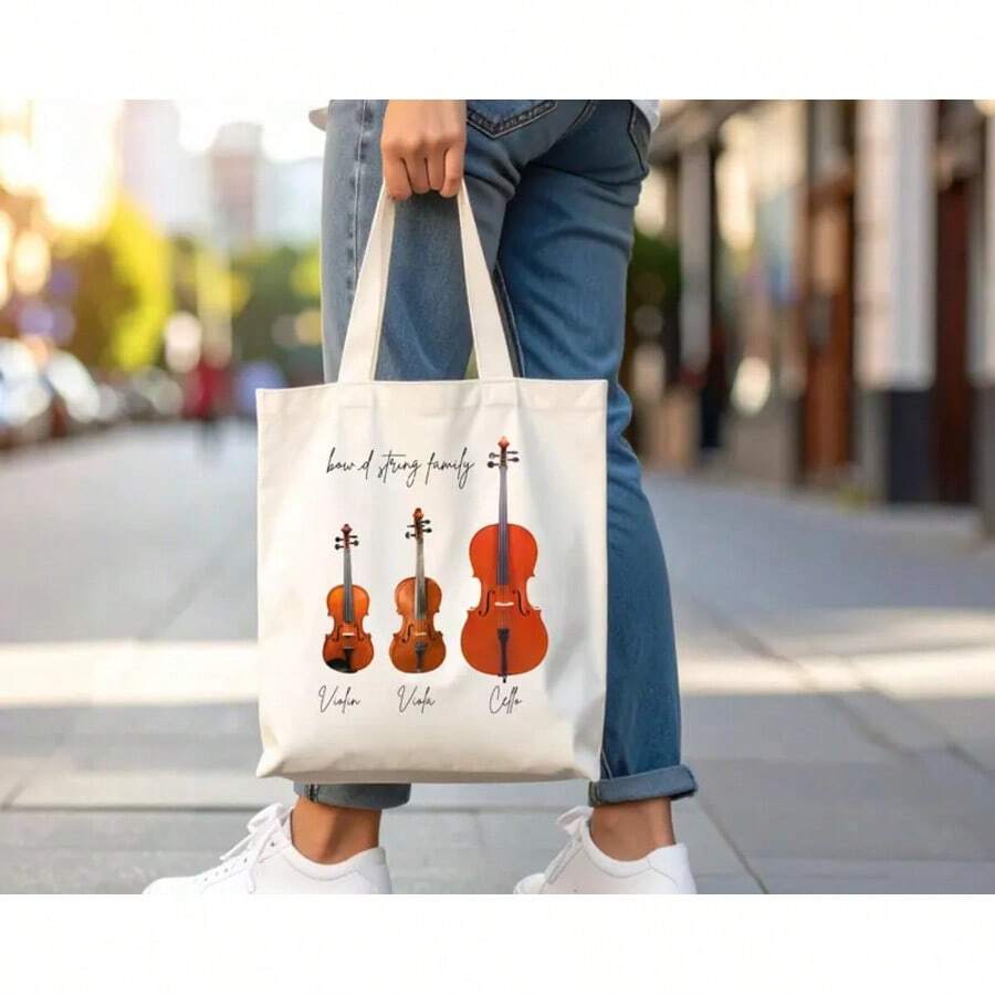 Usic Tote Bag Cotton Canvas Reusable Shopping Design Violin Illustration Cello Viola String Instruent Print Gift Usician Teacher - Main Color Of the Picture - View 1