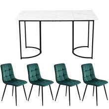Dining Table And Chairs Set (5 Pieces), Dining Table With 4 Chairs, Modern Kitchen Dining Set, 140*80 Cm Dining Table, Black Metal Table Legs, White MDF Tabletop, Dark Green Velvet Dining Chairs - White - View 3