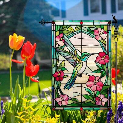 Vertical Double-Sided Garden Flag Featuring A Stained Glass Design Of A Hummingbird, Perfect For Spring And Summer Outdoor Decoration In Your Rustic Farmland Yard, Measuring 12X18 Inches