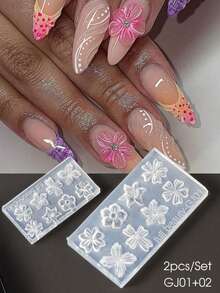 2pcs Spring Petal Silicone Nail Art Molds, Lily & Cherry Blossom Floral DIY Nail Template 3D Carving Reusable Nail Mold Tools - Clear - View 4