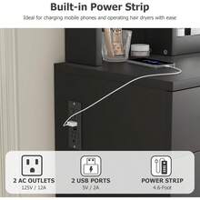 Maquillaje escritorio de vanidad con espejo y luces, mesa de vanidad con cajón y toma de corriente y silla de almacenamiento y 3 estantes, dormitorio - Negro - Ver 7