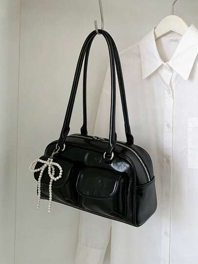 New Fashion Classic Solid Color PU Waterproof Women's Handbag, Beaded Bow Decor Design, Large Capacity Shoulder Bag, Shell Bag, Suitable For Shopping, Commuting, Travel