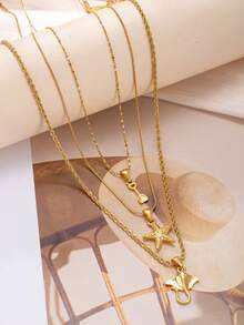 3件套18K镀金不锈钢海洋度假风叠戴项链套装，海星和鱼尾吊坠，简约颈链，适合日常佩戴 - 彩色 - 查看 2