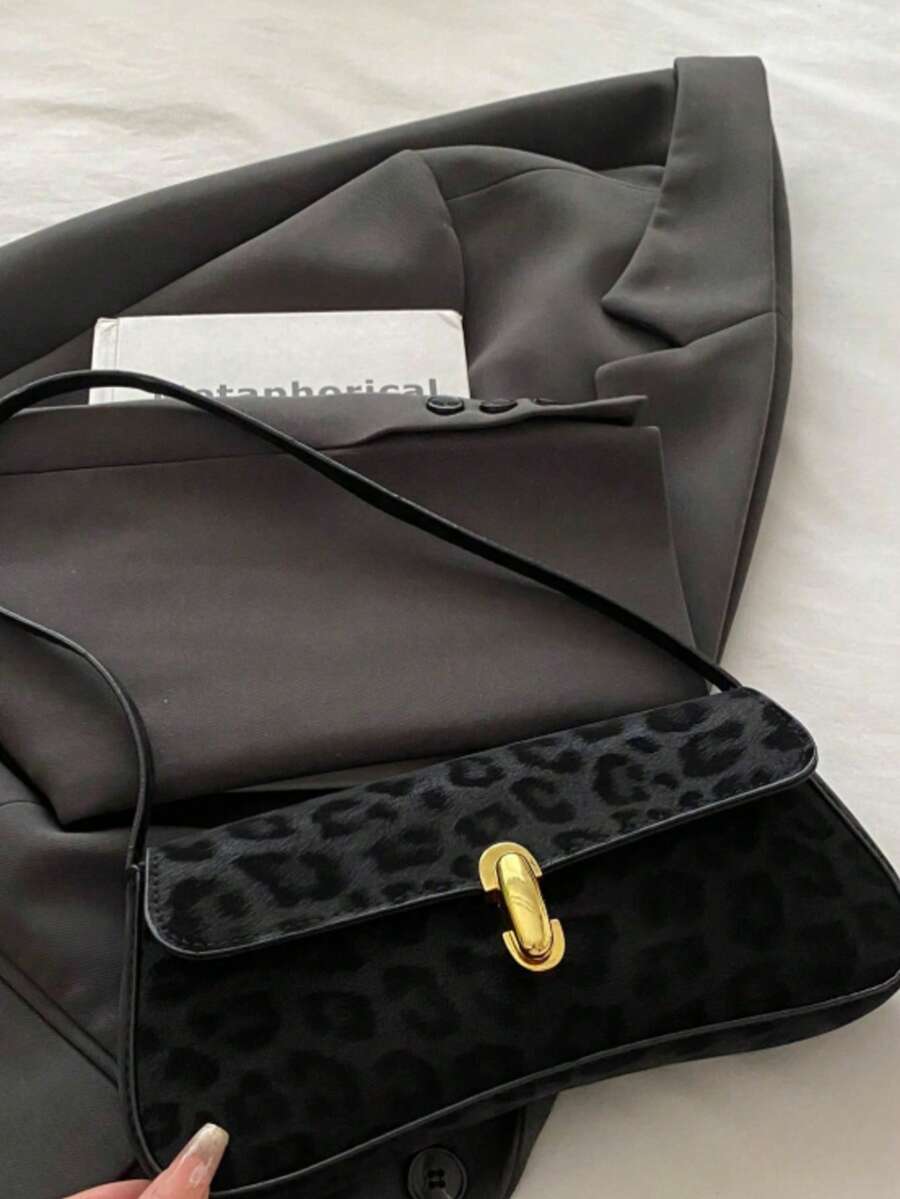 Bolso de hombro cruzado con solapa y decoración de piel sintética con efecto aceitoso, estilo retro, adecuado para citas, salidas y fiestas, bolso vintage con estampado de leopardo - Negro - Ver 1