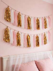 15Pcs/Set Pink Gold Mylar Tassels Garland With Rope, Tissue Paper Tassels Banner DIY Kit For Weddings, Birthdays, Bridal Showers, Party Supplies, Bachelorette Parties, Mother's Day, Graduation Party - Pink - View 3