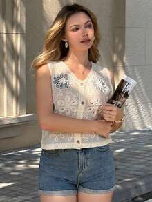 女士夏季波西米亚海滩度假风花卉刺绣V领纽扣前开襟背心 - 杏色 - 查看 2