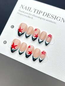 Bộ 10 móng giả thủ công hoàn toàn, kiểu móng ngắn hình hạnh nhân, kiểu dáng phổ biến, thời trang và tối giản, được vẽ tay màu xanh dương và bạc sáng bóng ở đầu móng và họa tiết ngôi sao năm cánh màu đỏ, với màu nền hồng nude tạo vẻ trắng sáng và cao cấp, móng giả hoàn thiện phù hợp cho phụ nữ và bé gái sử dụng hàng ngày, kèm theo bộ dụng cụ làm móng. - Nhiều màu - Xem 2