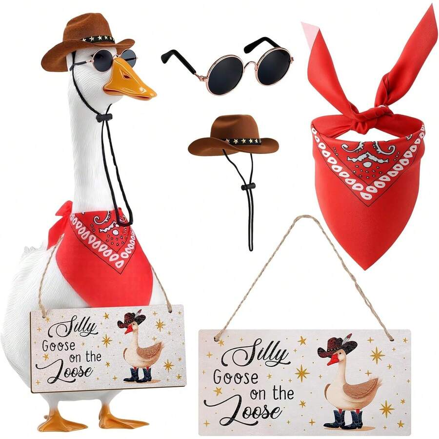 4pcs Western Cowboy Style Goose Decorations, Funny Carefree Goose Hanging Ornaments Including Cowboy Hat, Bandana, Glasses, Suitable For 17" Or 23" Statues, Outdoor Yard Lawn Art Decor (Brown, Red) - A - View 1