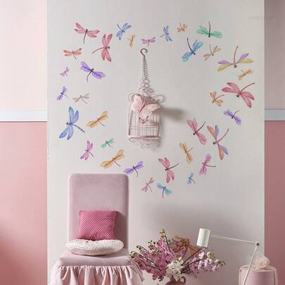 1Set 3sheets Dragonfly Wall Decal, 3D Watercolor Dragonfly Wall Decal, Colorful Insect Vinyl Wall Stickers, Removable Wall Art Stickers For Home Bedroom Living Room, 410x390mm, Wall Decorations, Room Decor, Home Decor