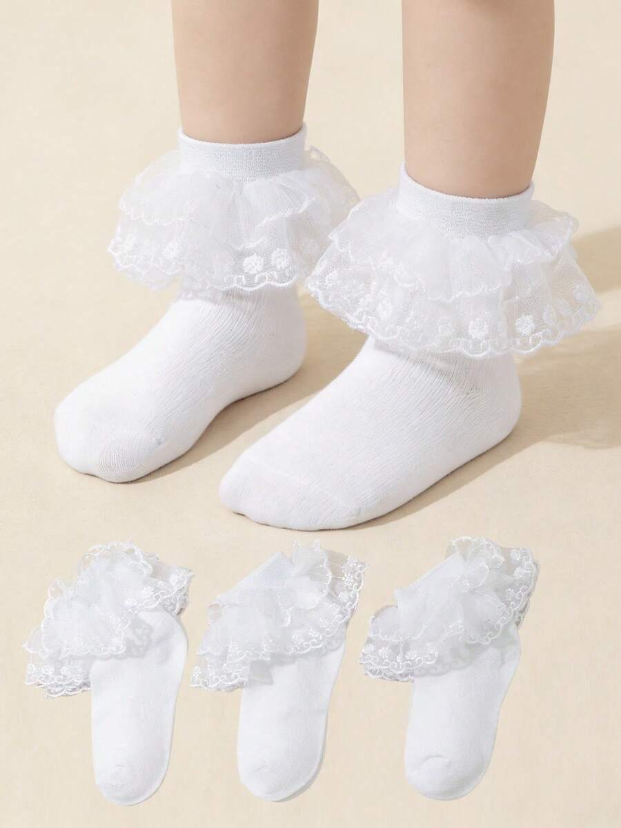 3 Pairs Children/Teens White Thin Lace Princess Dance Socks With Double Ruffle Trim - White - View 1