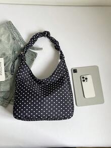 时尚波点托特包，简约轻便的尼龙面料大容量手提包。适合年轻人日常购物和外出，配有褶皱肩带，日式风格。 - 黑與白 - 查看 5