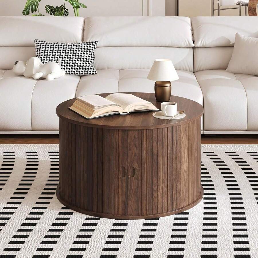 Mesa de café redonda clásica de 28 pulgadas mediados siglo con almacenamiento diseño acanalado puerta deslizante tambor fácil montaje perfecta para sala de estar hogar acento vintage - Nuez - Ver 1