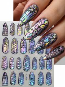1张5D玻璃碎片美甲贴纸，自粘式彩色玻璃窗格设计美甲贴花，全息优雅几何花框滑动贴纸，适用于女性、女孩、家居和美甲沙龙DIY美甲贴纸 - 彩色的 - 查看 3