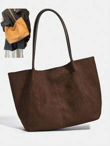 2026春季新款咖啡棕色绒面复古包，大容量单肩包/腋下包，商务女士休闲时尚日常通勤包，适合工作、购物、约会、旅行、大学生等各种场合，女士手提包，日常使用 - 棕色 - 查看 3