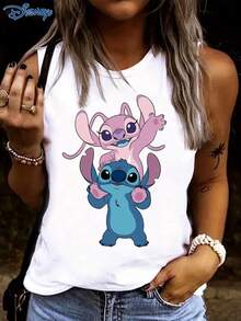 Disney 1 chiếc áo không tay nữ, in hình Stitch & Angel, áo hai dây thời trang nữ, cổ tròn, có độ co giãn nhẹ, phù hợp mặc hàng ngày, chất liệu dễ bảo quản, áo tank top nữ thường ngày. - trắng - Xem 3