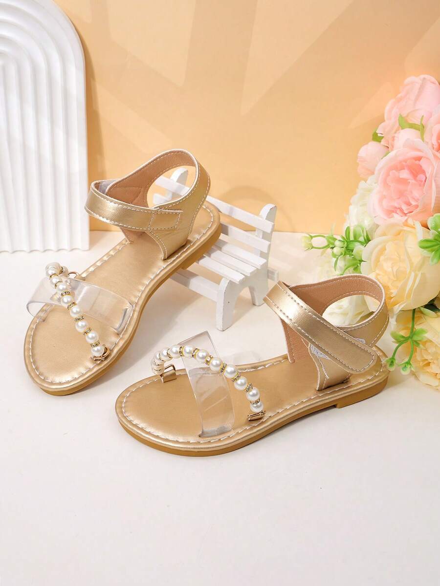 1 Pair Girls' Delicate Pearl Sandals For Versatile Occasion Summer Use - Gold - View 1