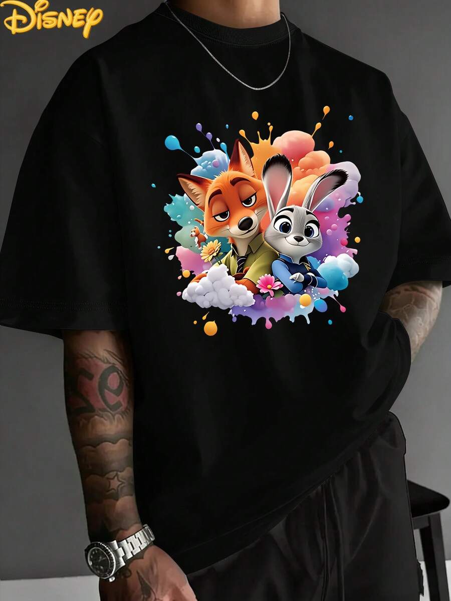 Disney Colorful Splatter Style: Judy Nick Sweetheart Companion Dreamy Print Men's T-Shirt, Stylish Design, Simple And Versatile, Fashionable Round Neck Men's Twill Fabric T-Shirt With Trim, Summer Casual Men's T-Shirt. - 黑色 - 查看 1