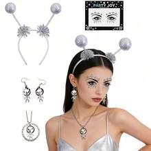 Alien Costume Set Includes Alien Disco Headband, Earrings, Necklace, Face Stickers, Suitable For Space Party, Role Play, Halloween, Music Festival - Silver - View 1