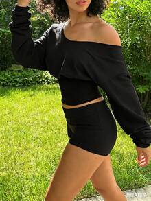 女士休闲运动套装（两件套），短裤和长袖上衣，街头风运动休闲装，春季必备 - 黑色 - 查看 3