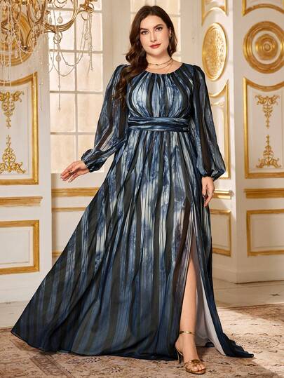 SUPGIR 【随机裁剪】圆领灯笼袖收腰多色优雅开衩下摆连衣裙，适合晚宴