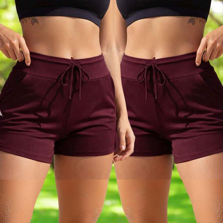 Acqua Bronze Set Of 2 Women's Adjustable Drawstring Shorts With Pockets, Versatile, Sporty, Double Waistband, Simple, Casual - 紅木色 - 查看 1