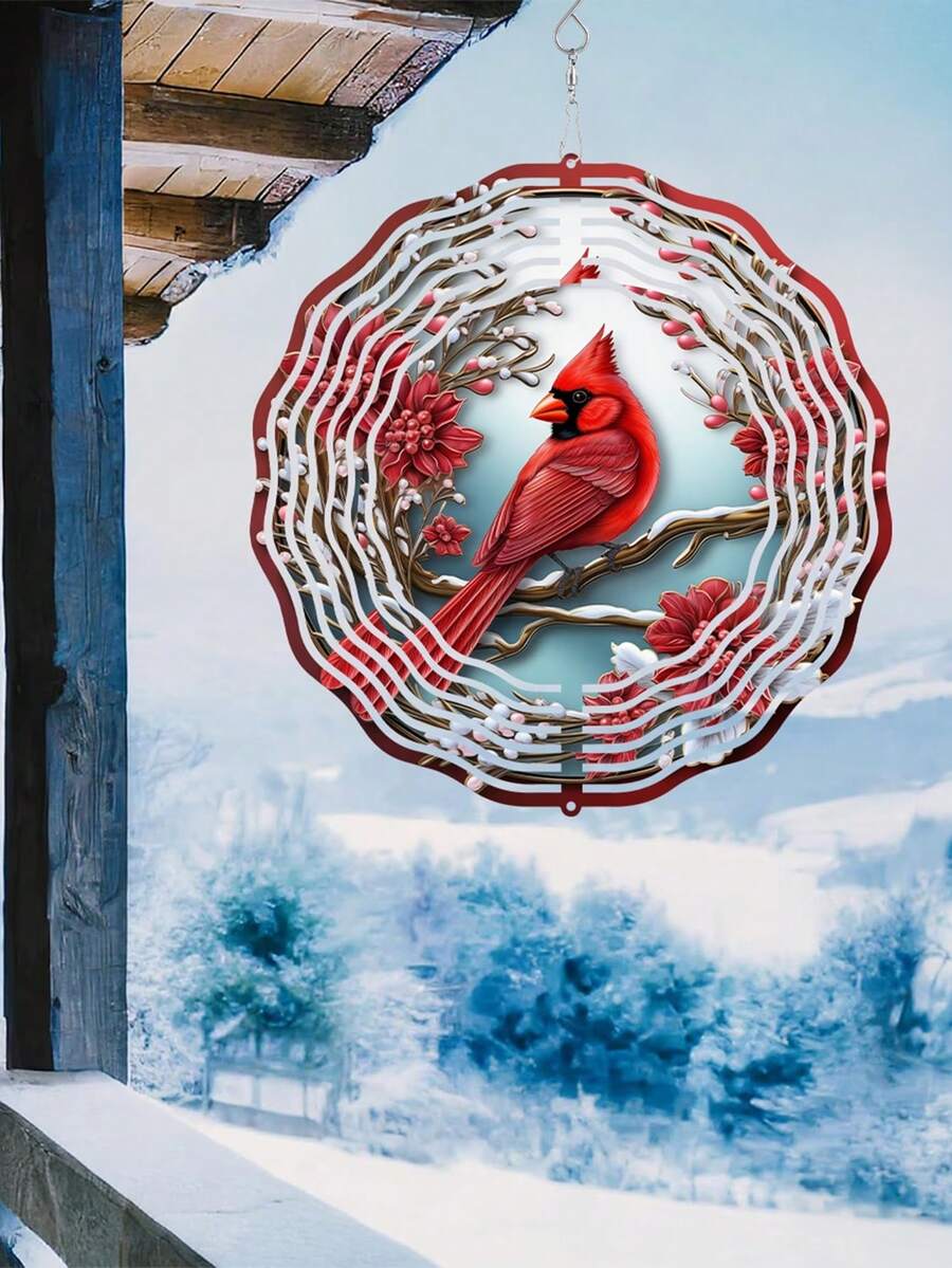 10-Inch Metal Crimson Redbird Wind Chime - Rotating Wind Chime Decor With Redbird And Leaf Pattern, Suitable For Yard, Patio And Lawn Decoration, Christmas And Thanksgiving Decor, All-Season Christmas Decoration