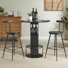 3-Piece Bar Table And Stool Set, 80cm Round Table With Two Stools, Wooden Dining Table With Ring-Shaped Metal Footrests. Suitable For Dining Rooms, Cafes, Bars, Living Rooms, Etc. Black - Black - View 9