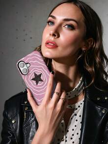 极简星空漩涡设计手机壳，星星图案保护套，兼容 17/16/15/14 Plus/13/12/11 Pro Max - 粉色 - 查看 4