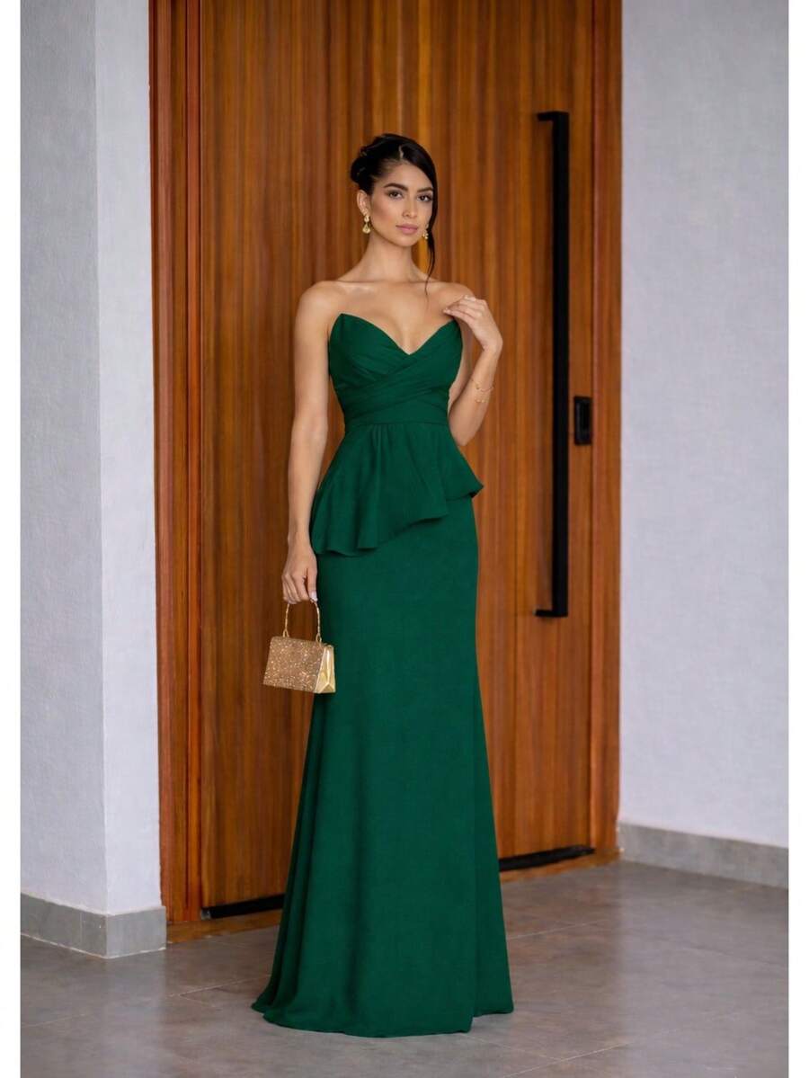 Luxury Strapless Dress In Structured Crepe - Perfect For Bridesmaids And Gala Events - Emerald Green - View 1