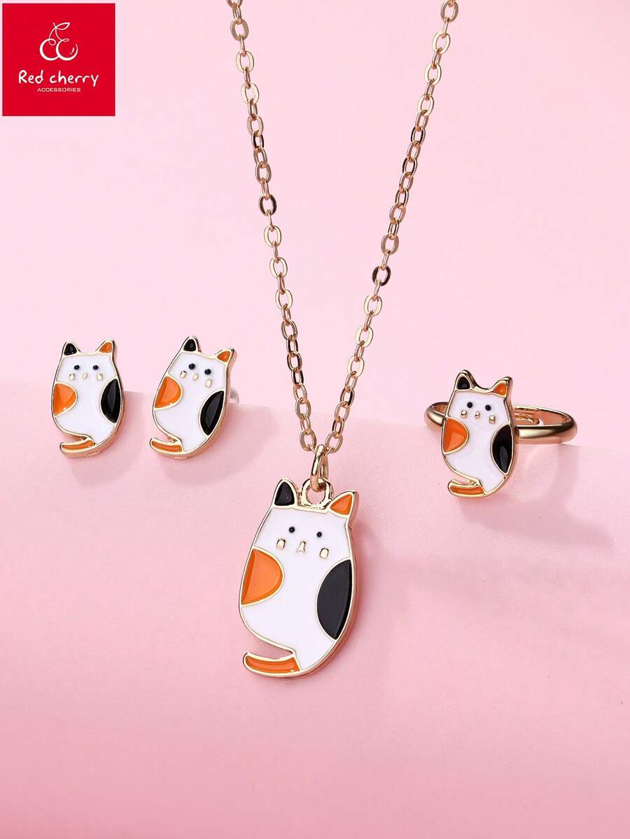 Bộ trang sức hình mèo dễ thương bằng hợp kim kẽm tráng men nhiều màu sắc, gồm 1 dây chuyền, 1 nhẫn và 2 bông tai, thích hợp cho bé gái đeo hàng ngày. - Nhiều màu - Xem 1