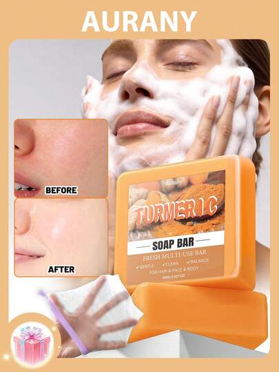 AURANY 100g Jabón de cúrcuma - Jabón refrescante de verano con cúrcuma, jabón limpiador hidratante de cúrcuma, sin alcohol, infundido con limón + cúrcuma y glicerina, nutritivo para la limpieza del Body/cabello/rostro, adecuado para el Día del Padre, cumpleaños y regalos festivos