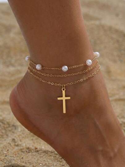 3件套简约复古优雅心形十字架脚链，多层串珠沙滩脚饰