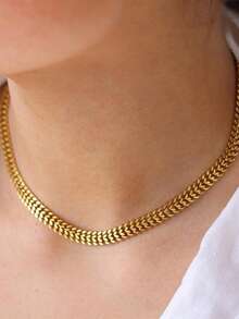 1 pièce Collier chaîne épaisse en acier inoxydable creux pour femmes, style ras-de-cou court, convient pour un port quotidien, article cadeau de niche - Or jaune - Voir 1