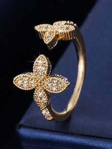 1pc Adjustable Lucky Four-Leaf Clover Double Flower Open Ring, Micro-Inlaid Zirconia, Delicate & Luxurious, Suitable For Daily Wear - Open Ring - View 8