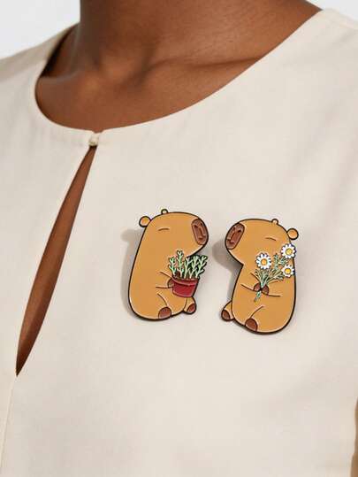 2pcs Cute Capybara Enamel Brooch, Cartoon Animal Brooch, Lapel Pin, Clothing Decoration, Backpack Accessory, Gift For Friends