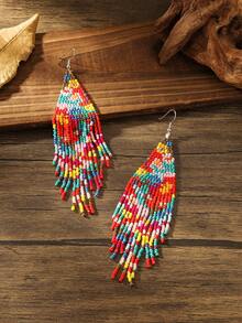 SOUL BEADING Handmade Bohemian Beaded Earrings, Vintage Style, Vacation Style, 16 Floral Patterns, Long Tassel Pendant, Women's Earrings, Tassel Earrings, Handmade Earrings, Suitable For Women's Daily Vacation Wear, Versatile Gift - Red - View 3