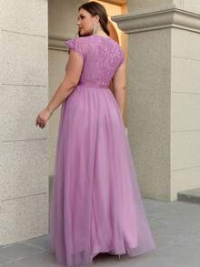 Đầm dự tiệc cỡ lớn dành cho nữ, màu trơn, thanh lịch, duyên dáng, phối lưới và ren tương phản, có khóa kéo, thích hợp cho phù dâu, dự tiệc tối, khách dự đám cưới, mẹ cô dâu, tiệc cocktail, dạ hội, mùa xuân/hè/thu/đông. - Màu Lilac Tím - Xem 3