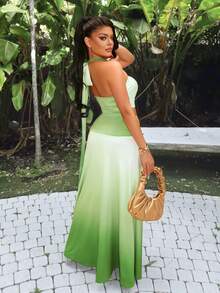AIJ Amarilo Women's Green Ombre Cropped Twist Front Top + A-Line Maxi Skirt 2 Pieces Set - Perfect For Beach, Summer Vacation And Dates - Pale Green - View 2