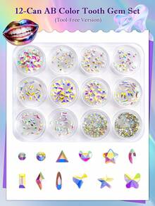 380件牙齿宝石套装，12罐DIY水晶首饰套装牙齿宝石套装，专业时尚牙齿宝石入门套装（不含胶水和灯） - 白AB - 查看 13