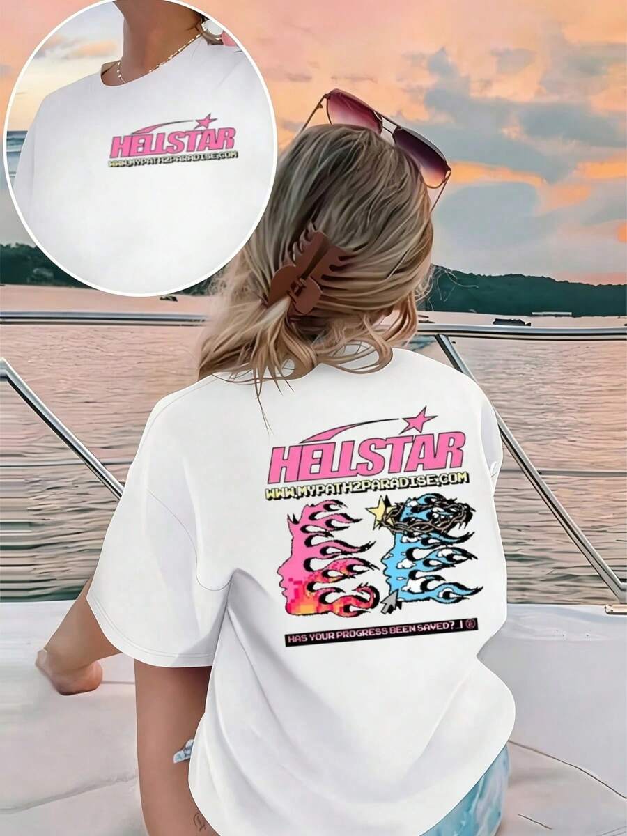 Hellstars Pixel Fire Hair My Path 2 Paradise Vintage T-Shirt Double Sided Printed (220g 100% Cotton T-Shirt),Summer Clothes, Women's Tops, Casual And Comfortable, Fashionable Graphic Tee, Unisex Style - 白色 - 查看 1