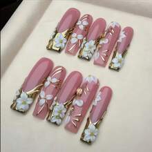 10pcs French Manicure Extra Long Luxury 3D Flower Rhinestone Square Press-On Nails, Suitable For Girls, Holidays, Weddings, Parties - Màu xanh bạc hà - Xem 2