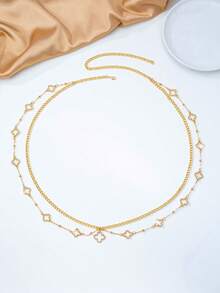 1pc Fashionable Hollow Four-Leaf Clover Rhinestone Pendant Necklace Chain, Suitable For Women's Daily, Vacation, Party, Music Festival Outfits, Waist Chain - Yellow Gold - View 5