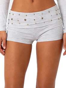 Women Y2K Studded Foldover Micro Shorts Vintage Low Waist Slim Fit Mini Shorts Summer Boxer Short Party Clubwear - 灰色 - 查看 5