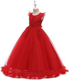 Vintage Lace Party Dress For Girls - Boho Style Maxi Gown For Pageant, Wedding & Celebration - 紅色 - 查看 3