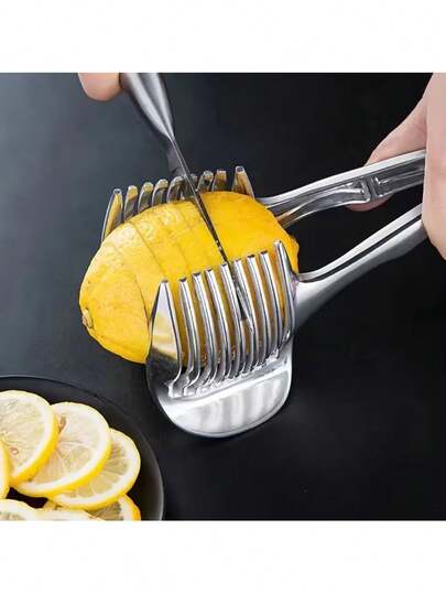 1pc Lemon Slicer, Tomato Slicer, Aluminum Alloy Lemon Slicer, Multifunctional Household Slicer, Fruit And Tomato Divider. Aluminum Alloy Lemon Slicer, Manual Tomato Slicer Clip, Tomato And Egg/Spinach Divider Tool. The Lemon Slicer Is Made Of Alloy Material.