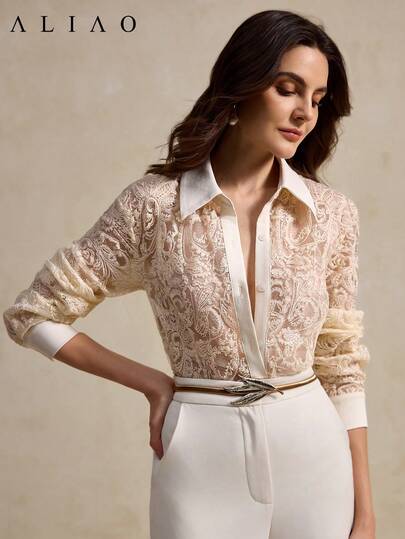 Aliao Elegant Paisley Embroidery Mesh Patchwork Sheer Long Sleeve Shirt Top, Suitable For Wedding Season, Valentine's Day, White Party, Vintage Style, Palace Style, Eye-Catching, Elegant Everyday Wear, Autumn/Winter Summer