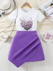 Bộ 2 món đồ chơi ngoài trời phong cách tối giản thời trang dành cho bé gái, áo thun và chân váy in hình trái tim màu tím, thích hợp cho mùa hè. - Nhiều màu - Xem 2