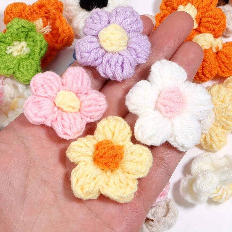 10个钩针花朵贴花 - 手工编织纱线花朵，颜色多样（粉色、黄色、橙色、紫色、绿色），适用于DIY工艺品、发带、帽子和服装配饰，钩针编织用品